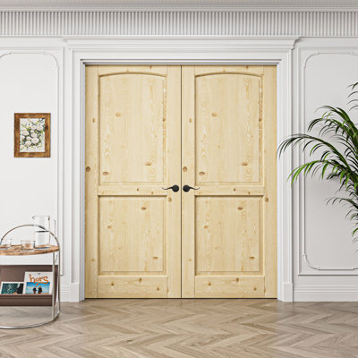 Interior 2-Panel Pine Wood Door, Colonial Natural Solid Pine Double French Doors, White Frame & Matte Black Hardware-Privacy Door Lever with Lock, Latch & Hinges, Unfinished & Paintable, Pantry, Room, Bedroom, Bathroom & Closet, 72"x 80"