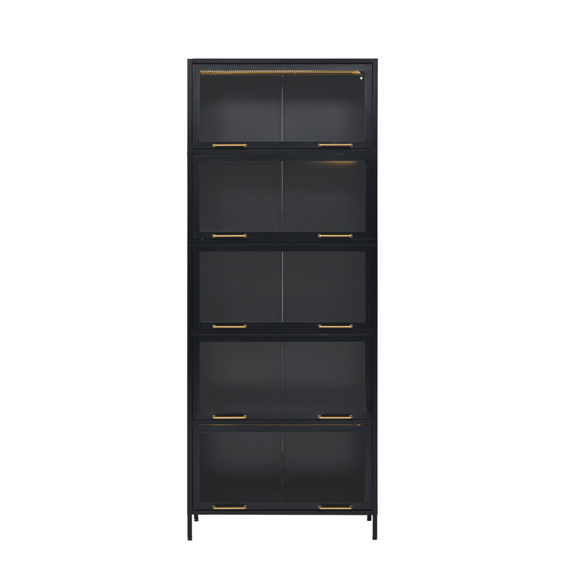 Vitrine de 76,75 po en fer avec portes en verre, Noir