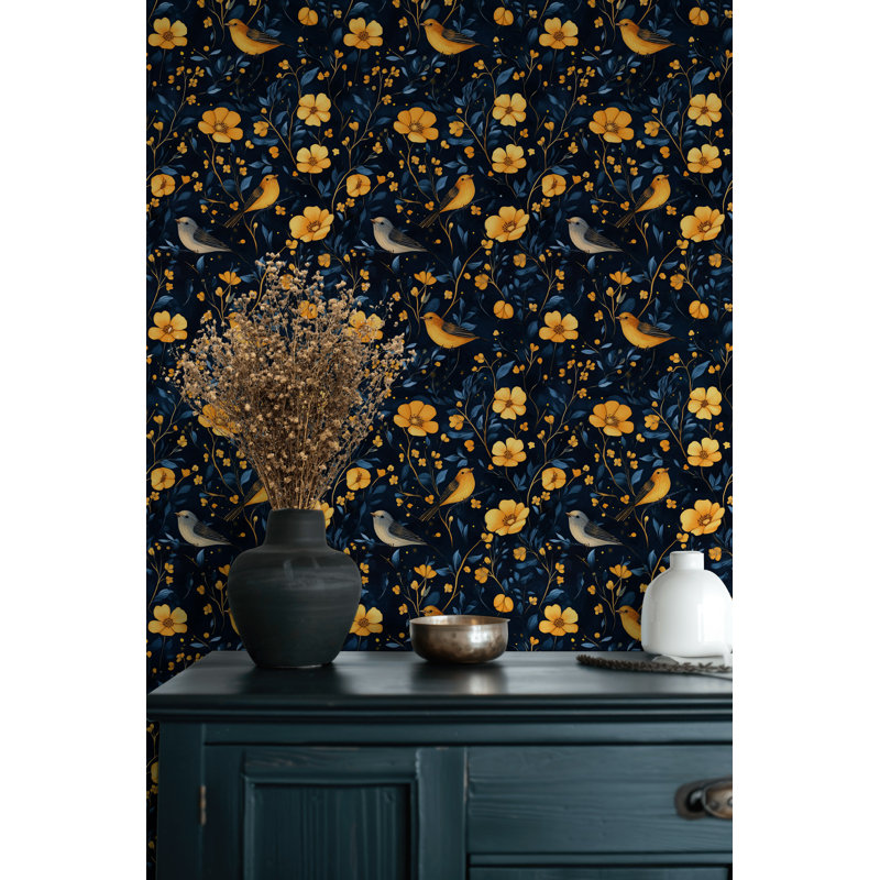 Papier peint floral Midnight Garden Fleurs jaunes et oiseaux chanteurs bleu marine