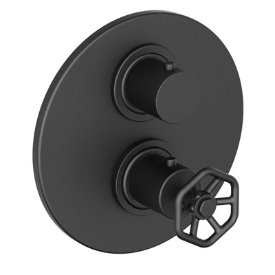 Lucia 2-Handle Wheel Handle Thermostatic Shower Faucet Trim Kit with Volume Control and 2-Way Diverter Trim Kit in Matte Black (Valve Included)