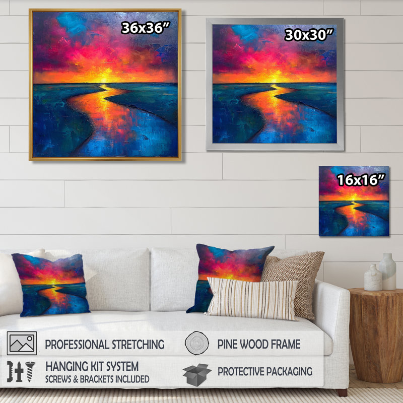 Coucher de soleil jaune sur la rivière bleue, Toile avec cadre flottant or, H 30 po x l 30 po x P 1 po