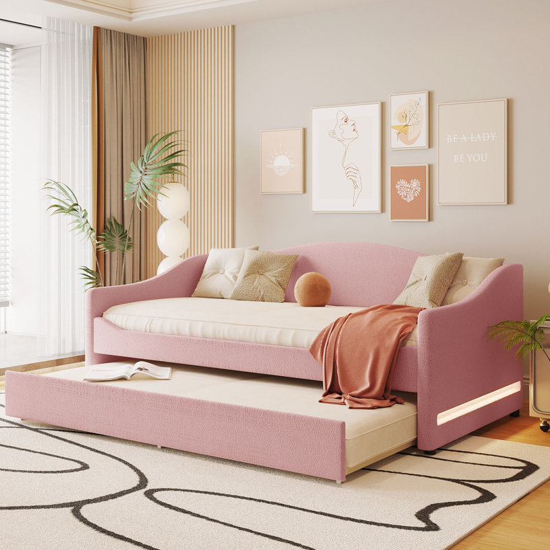 Upholstered Daybed with Trundle, Twin, Pink
