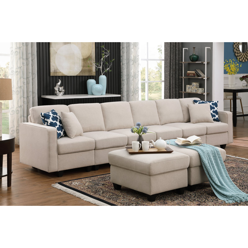 Jessica 148.5" Wide Modular Sofa with Ottoman, Beige Linen