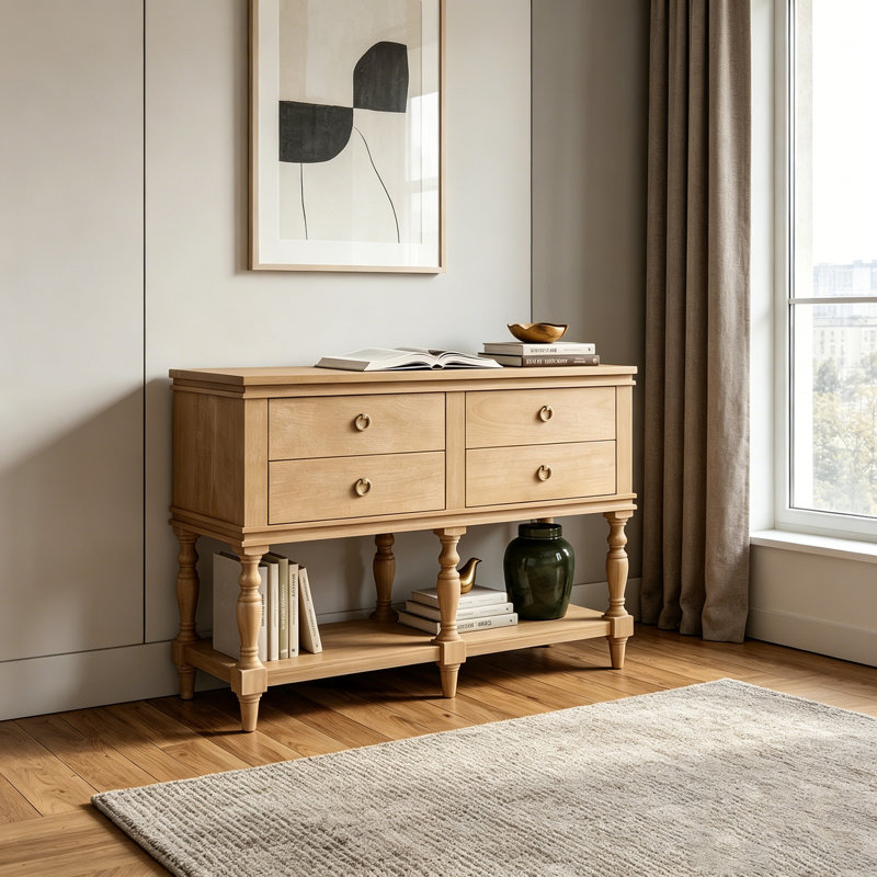 Console rétro avec 4 tiroirs à fermeture en douceur, pieds tournés classiques, structure en bois massif, placage de pin, tablette inférieure épaisse, canapé d'entrée pour le salon, chambre à coucher, couloir