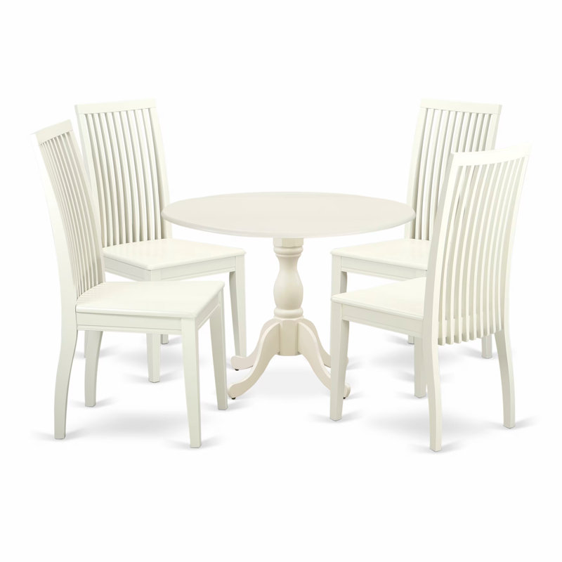 5 Piece Dining Room Furniture Set Includes a Round Kitchen Table with Dropleaf and 4 Dining Chairs, 42x42 Inch, Linen White