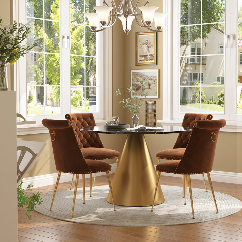 Magallanes 4-Person Round Marble Table Velvet Chairs Dining Set, Black, Coffee