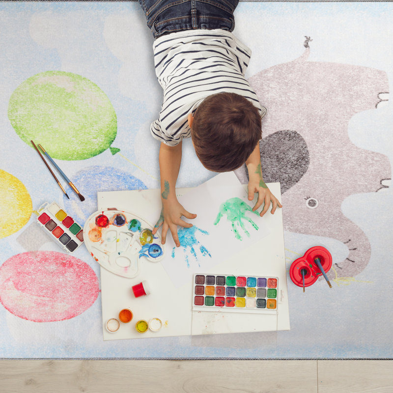Cortes Nursery Elephant Bright Colorful Balloons Kids Indoor Area Rug, Rectangle 5' x 7'6", Baby Blue