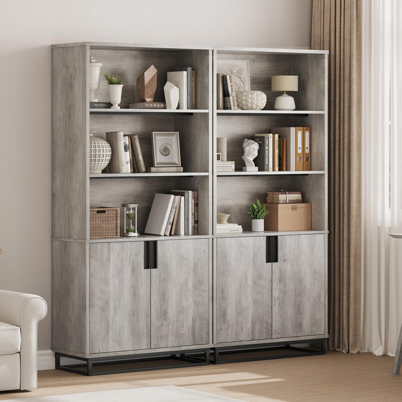 Bibliothèque 71 pouces à 5 niveaux avec portes, armoire de rangement et tablettes réglables