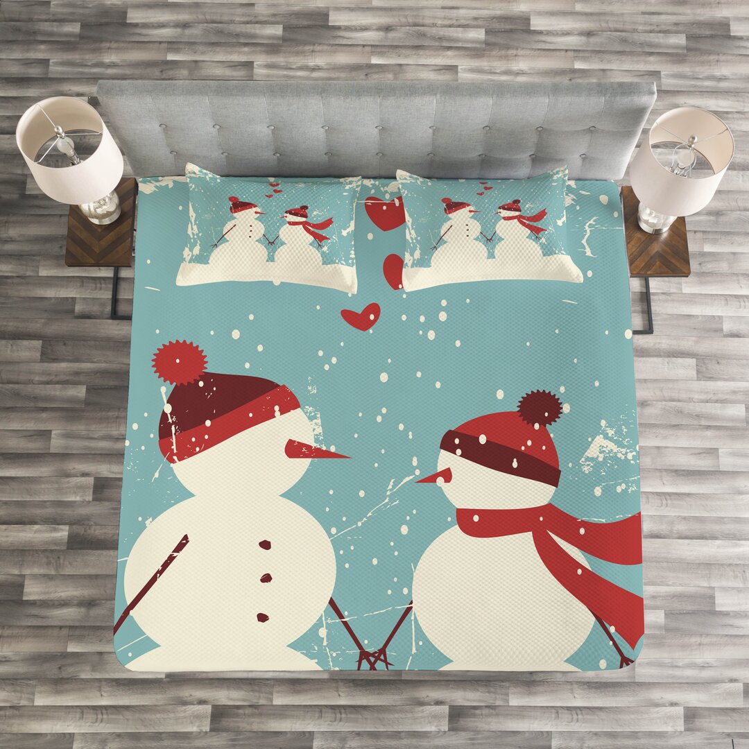 Gestepptes Bettdecken-Set, Schneemann-Frauen-Liebe, Weihnachten, Seafoam Red Creme