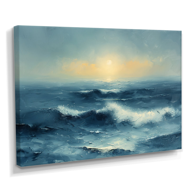 Blanc blanc, bleu, hiver, clair de lune, vagues, bord de mer, art mural, salon, Toile tendue, H 24 po x l 32 po