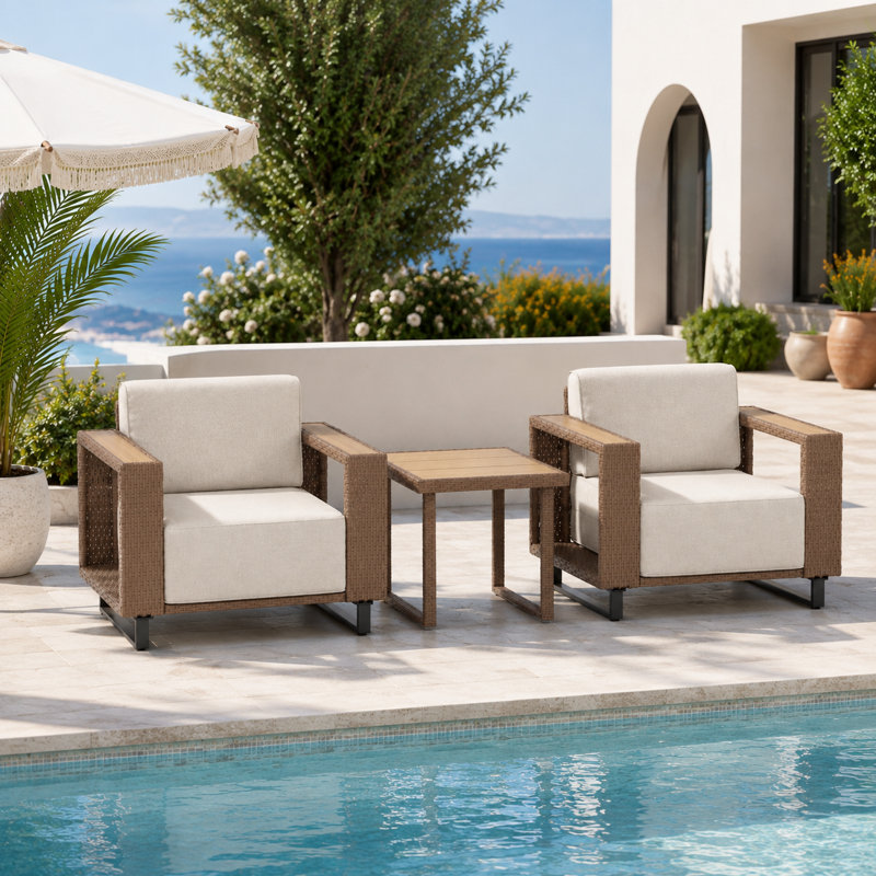 Ensemble de 3 chaises d'extérieur en rotin pour terrasse avec table et accoudoirs