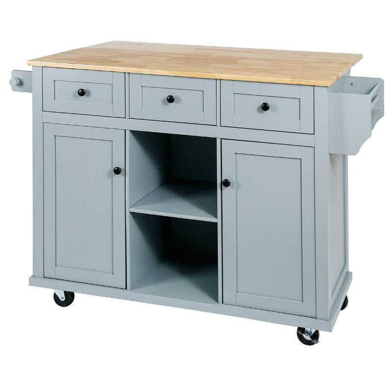 Kitchen Cart With Rubber Wood Drop-Leaf Countertop, Blue