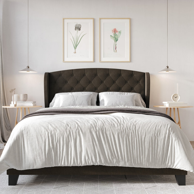 Arieya Upholstered Wingback Bed, Dark Brown, King