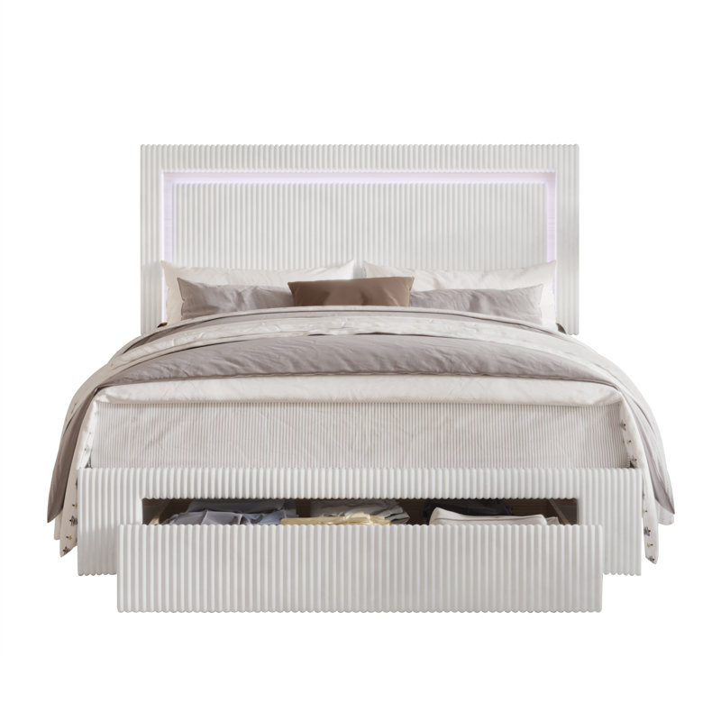 Lit plateforme tapissier avec rangement Gouker, Double, Blanc