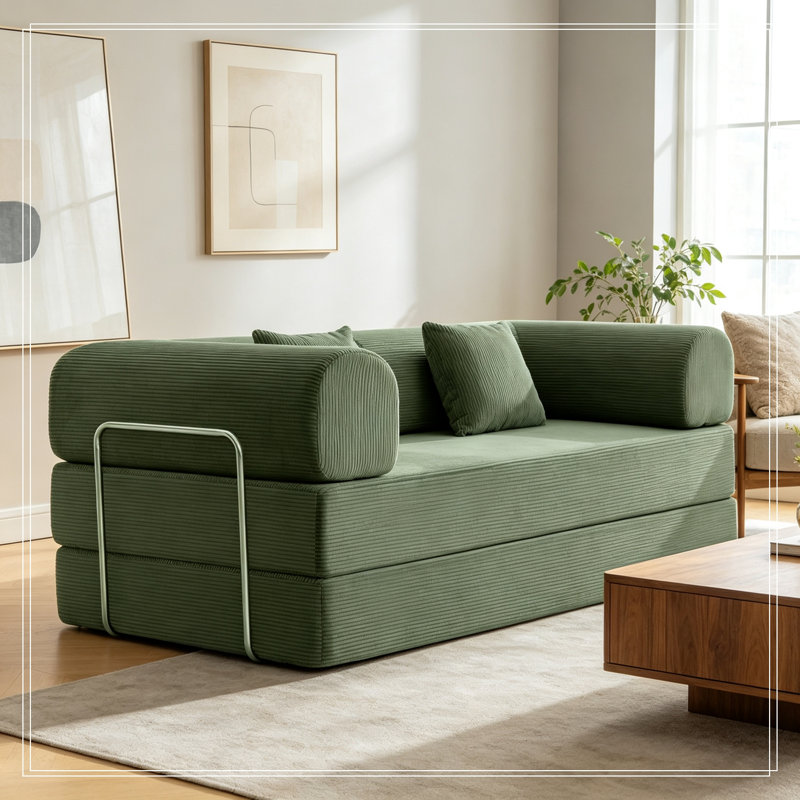 Canapé deux places en velours côtelé avec coussin moelleux, Vert olive