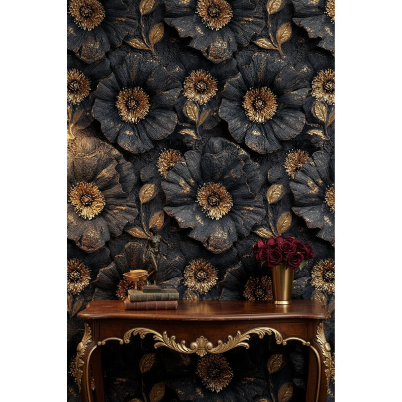 Papier peint floral, murale noire, décoration murale dorée