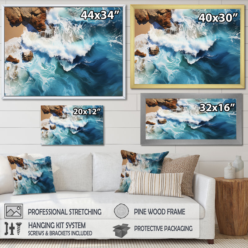 Skyblue vue aérienne des vagues côtières IV - plage, art mural, Cadre de coin blanc fermé, H 30 po x l 40 po x P 1,5 po