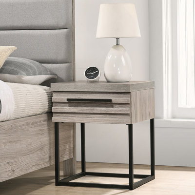 Table de chevet contemporaine en bois avec base en métal, taille unique, table de chevet SEULEMENT, gris vieilli