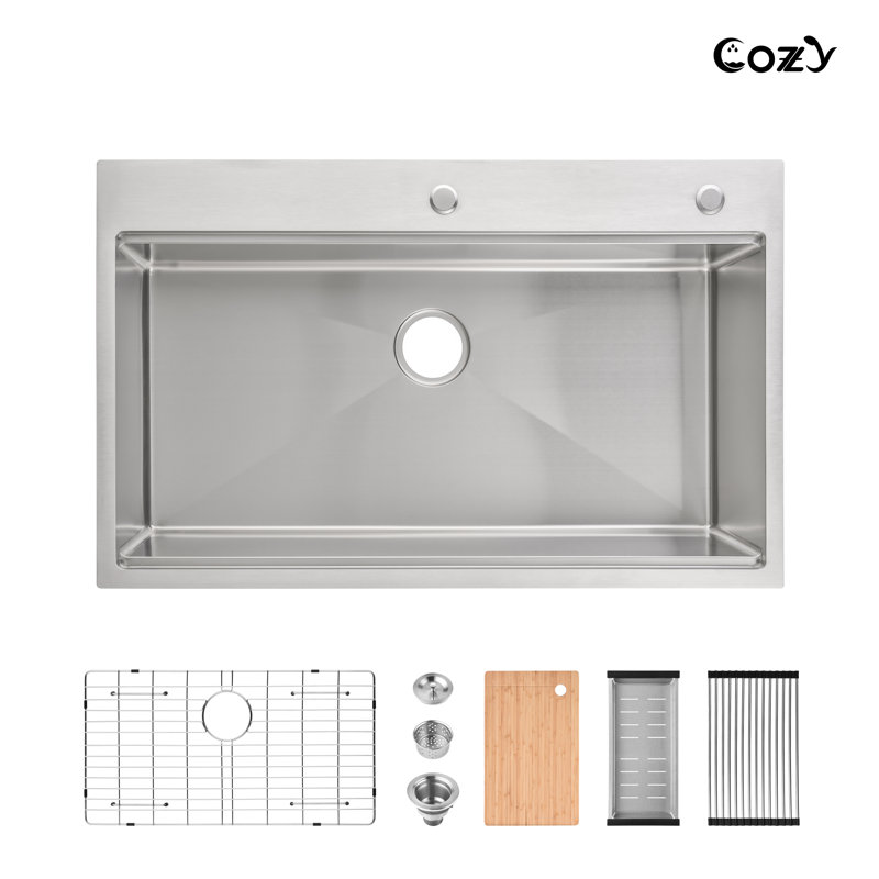 Évier de cuisine en acier inoxydable encastrable 36 po L 36 po avec passoire, crépine, planche à découper, égouttoir à vaisselle
