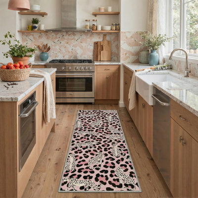 Aldovin Natura Inspired Machine Washable Leopard / Blush Pink Indoor Animal Print  Area Rug With Non-Slip Backing