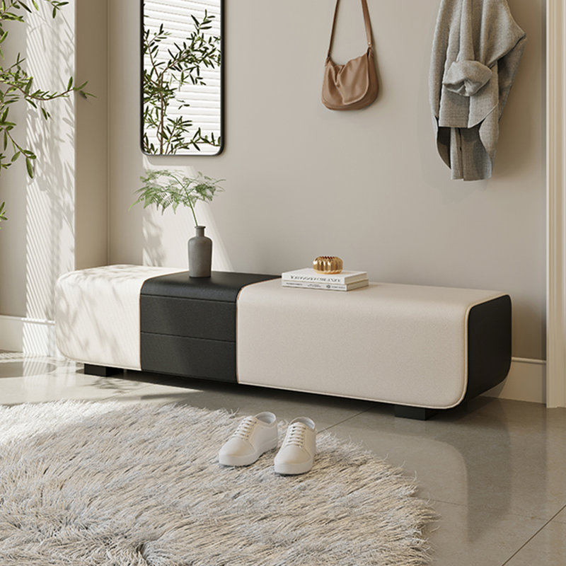 Minimalist Modern Two‑Tone Rectangular Solid Wood Leather Storage Bench for Bedroom & Living Room, Beige/Black
