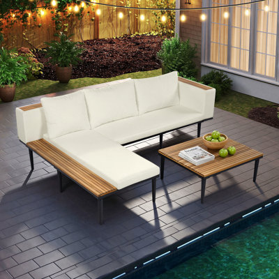 Canapé modulaire d'extérieur en L avec table basse, ensemble de mobilier de patio résistant aux intempéries avec housses de coussin amovibles, idéal pour la piscine, la cour et le balcon (beige / gris)