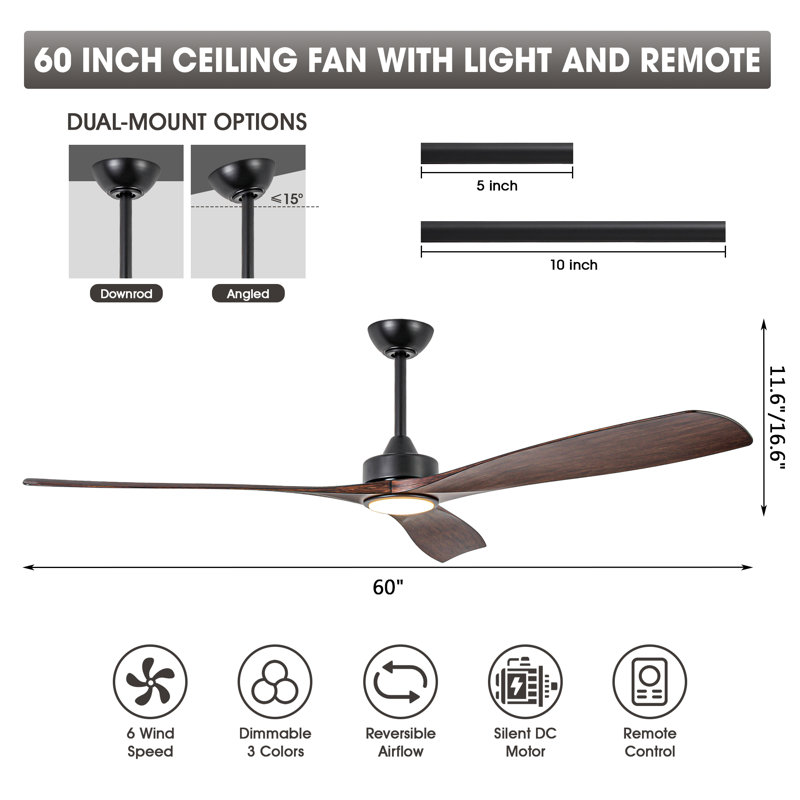 60" 3 - Blade Propeller Ceiling Fan With LED Lights And Remote Control, Brown