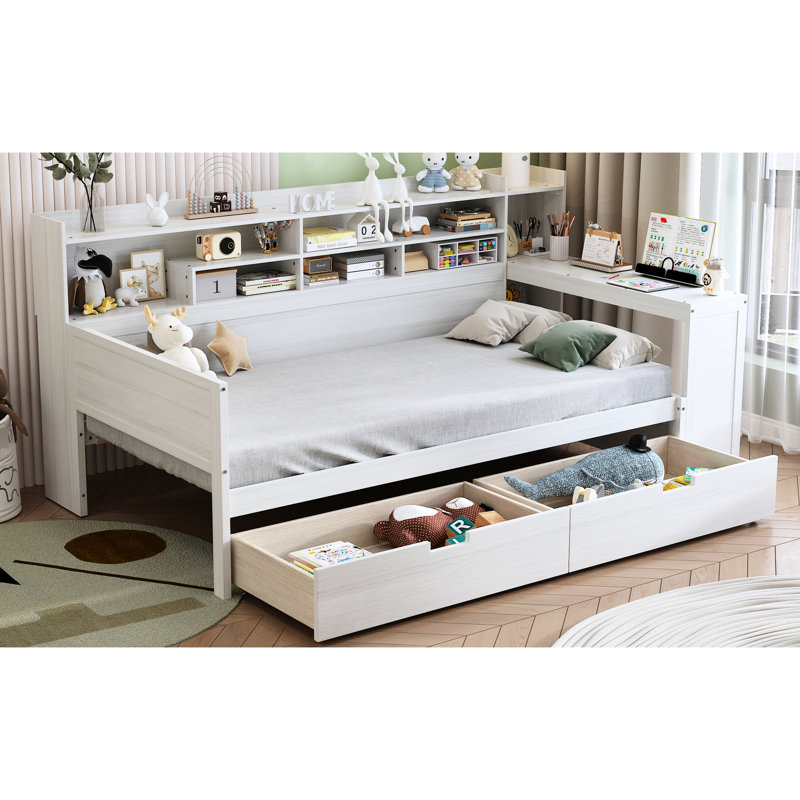 Lit de jour en bois blanc antique avec rangement efficace et bureau, Blanc antique