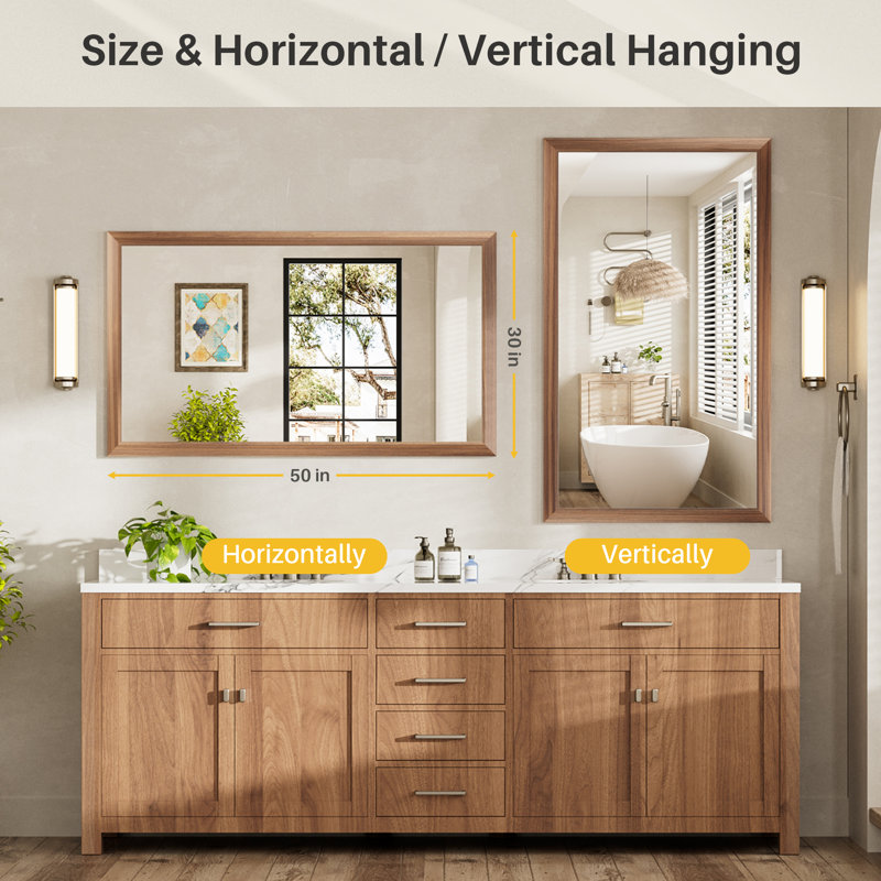 Miroirs de salle de bain modernes et contemporains en métal biseauté rectangulaire / carré avec verre trempé HD, Bois brun
