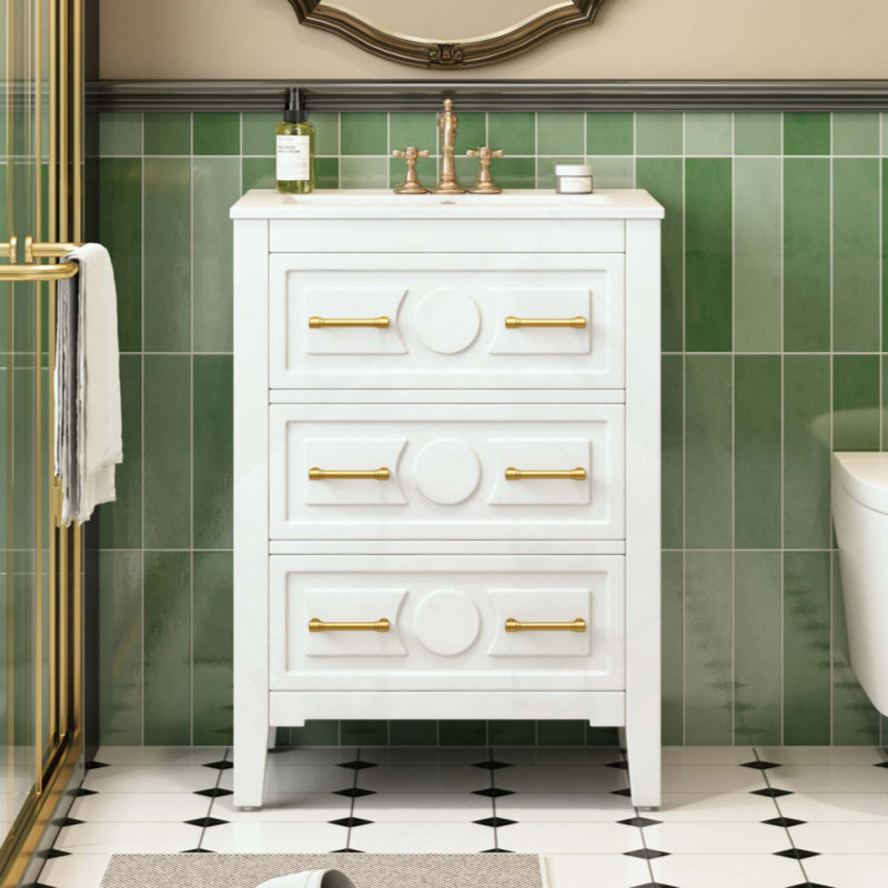 Ensemble de meuble-lavabo avec lavabo en céramique, ensemble de meuble-lavabo simple autoportant avec 3 tiroirs, armoire de rangement en bois massif