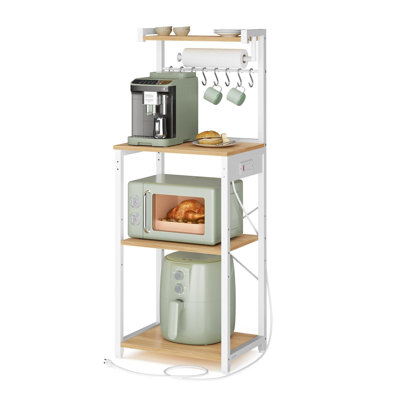 Kitchen Bakers Rack with Power Outlet, 17.7-Inch Wide Coffee Bar 4-Tier with 8 S Hooks, Modern Microwave Stand, Adjustable Shelf(White)