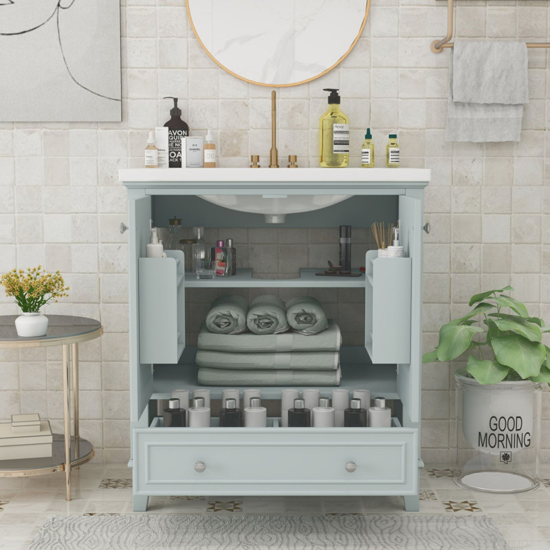 Meuble-lavabo 36 po avec lavabo en résine, Blanc, Argent argent