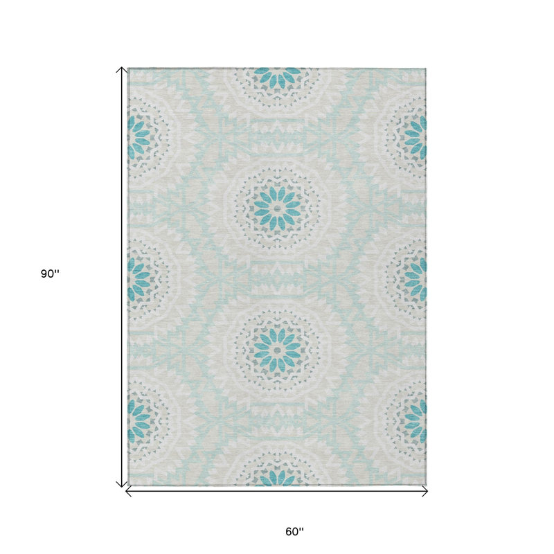 Tapis intérieur / extérieur 5 pi x 8 pi bleu sarcelle à motif floral beige et ivoire lavable