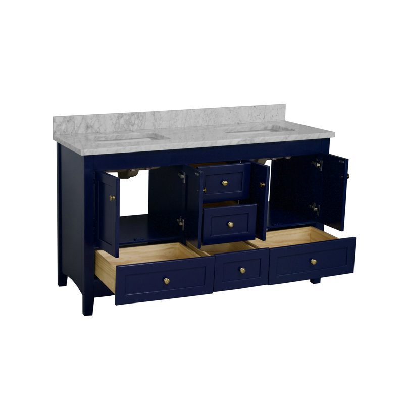 Ensemble de meuble-lavabo double de 60 po Edber, Marbre de Carrare, Bleu royal