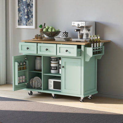 Chariot de cuisine avec comptoir à abattants en bois d'hévéa, supports de rangement internes pour porte d'armoire, îlot de cuisine sur 5 roulettes avec armoire de rangement et 3 tiroirs pour la salle à manger