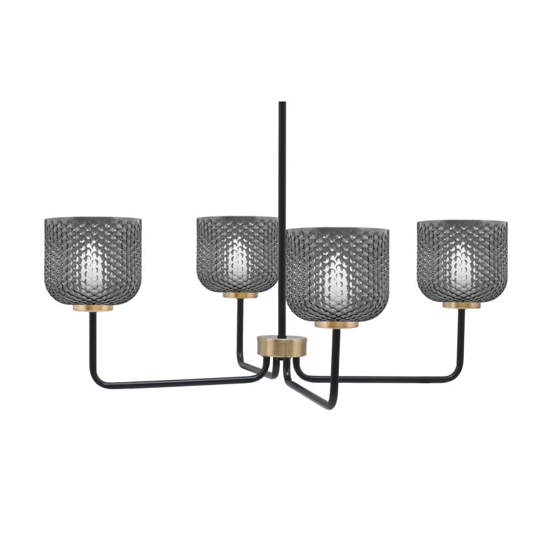 Lustre 4 lumières Amarmula, noir mat et laiton vieilli, verre texturé fumé 6 po, Transparent/noir, Noir/laiton