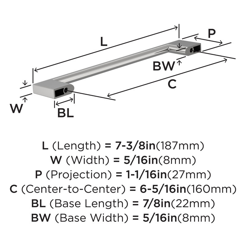 Cityscape 6-5/16 inch (160mm) Center-to-Center Polished Chrome Cabinet Pull - 10 Pack, Polished Chrome