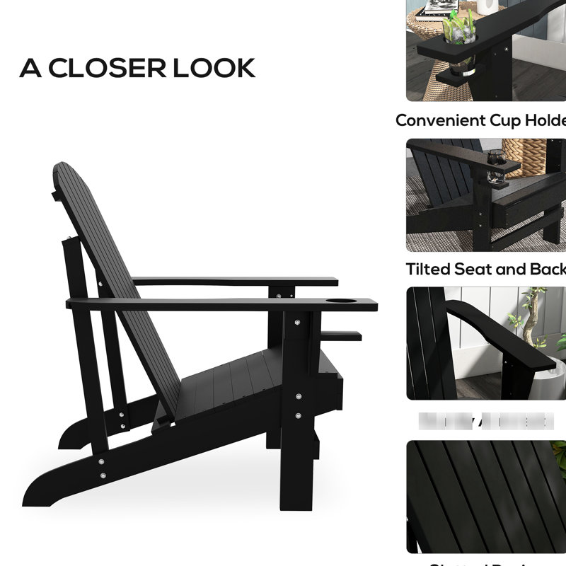 Deck Chair With Cup Holder For Lawn, Wooden , Weather , Black, Garden, Backyard, Fire Pit Black Outdoor Holder, , Patio, Deck,