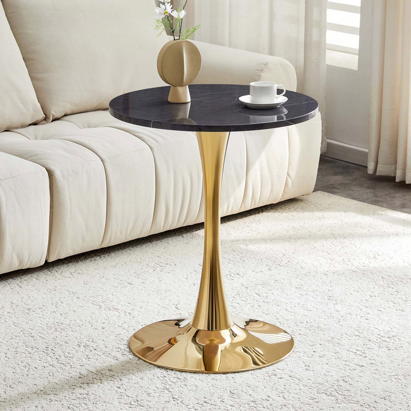 23.6" Round Tulip Table - Faux Marble, Pedestal Base, 2-4 Seats, 28.3" H x 23.6" W x 23.6" D, Black/Gold