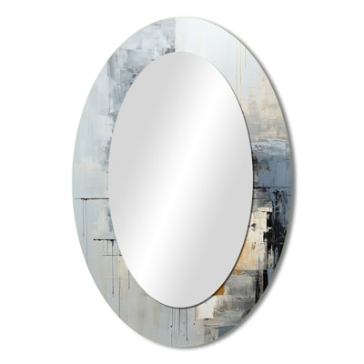 Grey And White Abstract Cityscape 2 - Gray Bold & Eclectic Modern Oval Wall Mirror