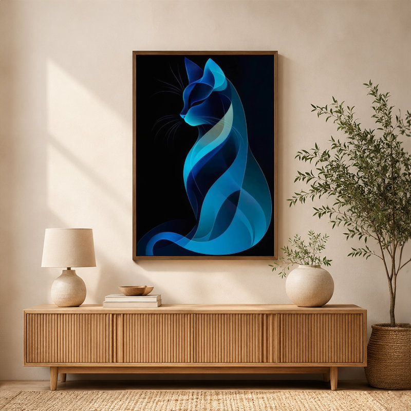 Abstrait art mural sur toile abstraite avec lignes flottantes, chat bleu, 16 x 24 po, Beige