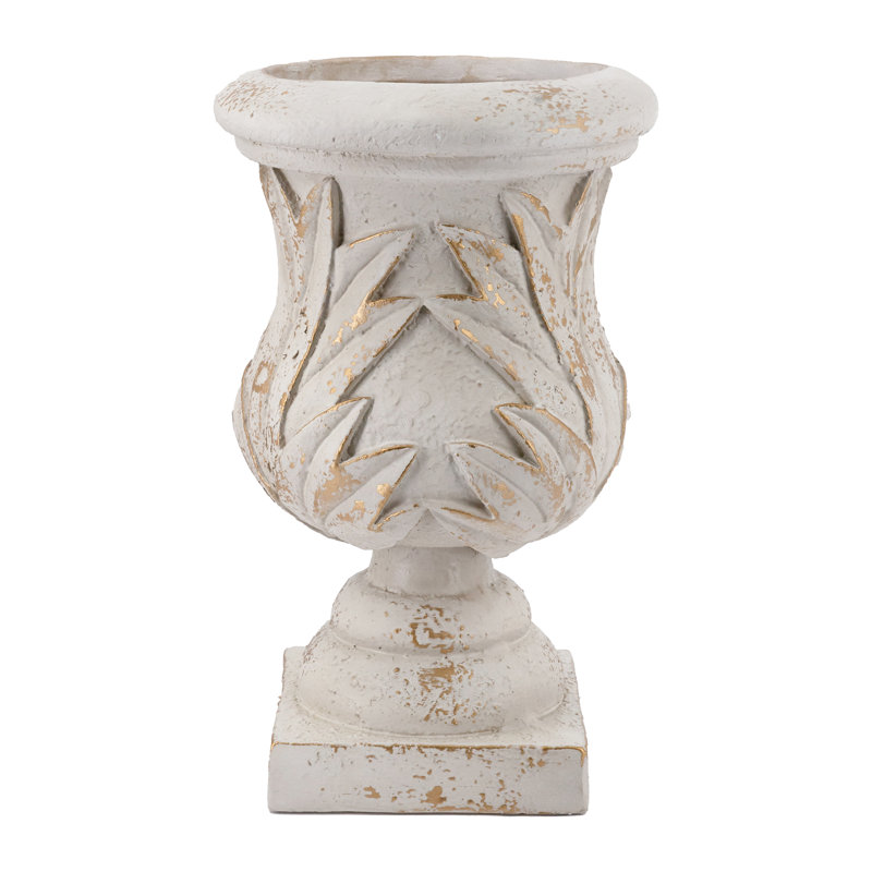 10X10x15.5" Ornate Magnesium Urn Planter With Antique White Finish And Carved Leaf Details