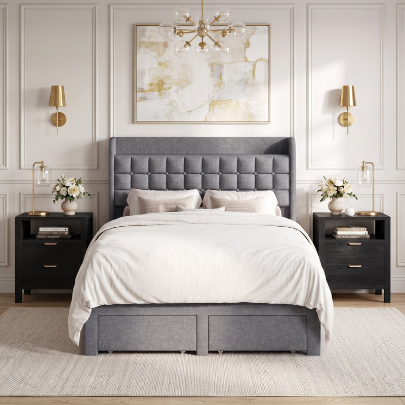Ensemble de chambre à coucher: Lit plateforme capitonné avec rangement à 2 tiroirs et tête de lit avec rangement et table de chevet à 2 tiroirs avec tablette ouverte