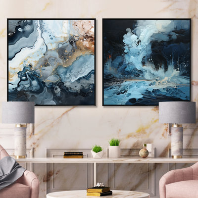 Volcano encre noire et bleue - formes abstraites carrées, ensemble de 2 collages