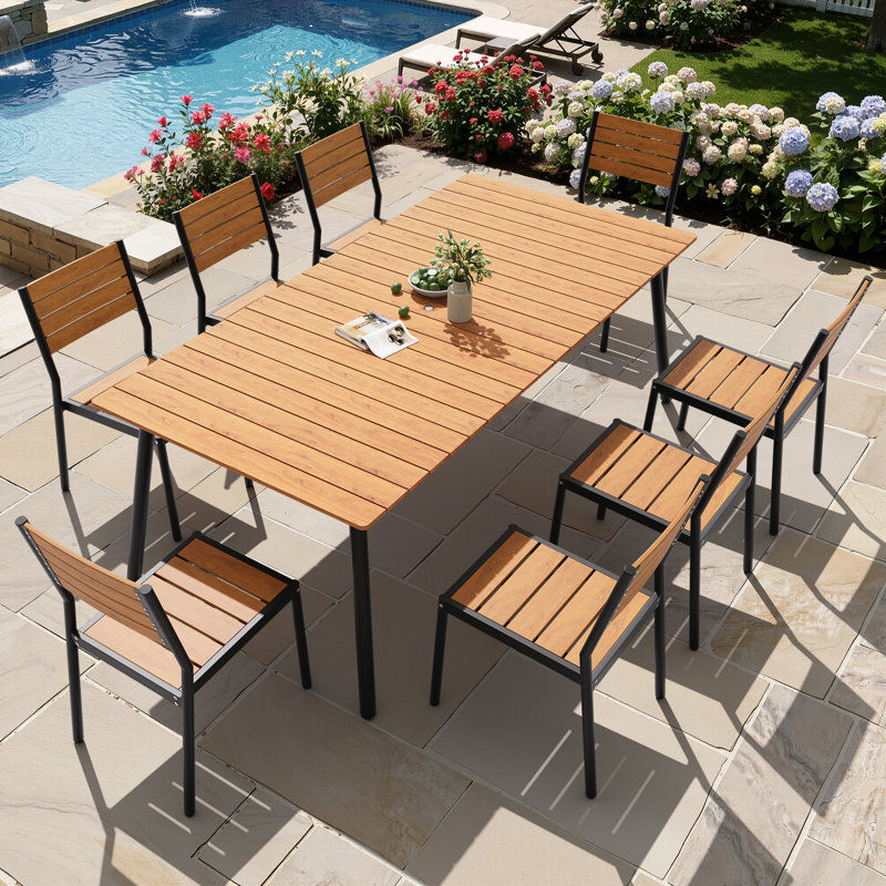  Ensemble de salle à manger de patio en aluminium pour 8 personnes L 94,5 po Georgean avec chaises empilables et trou pour parasol