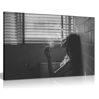 Panther Print Fine Art Prints Black & White Smoking Woman In Bathroom Artistic Framed Canvas Print, Pictures For Home Walls, Bedroom, Living Room & Bathroom Décor - Wrapped Canvas Art Prints