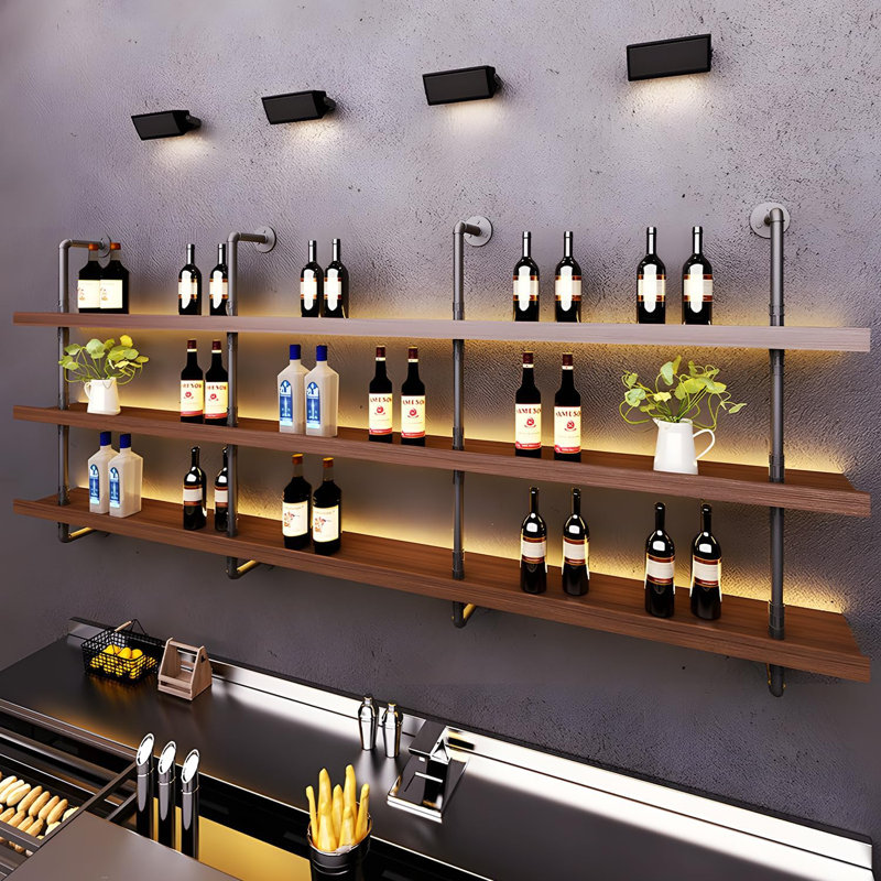 Support à vin mural en bois massif, grande tablette de bar avec éclairage à DEL, tablettes de bar flottantes à 3 niveaux, tablette de bar industrielle en tuyau, pour bar à domicile, salle à manger et cuisine (100 cm / 39,3 po)