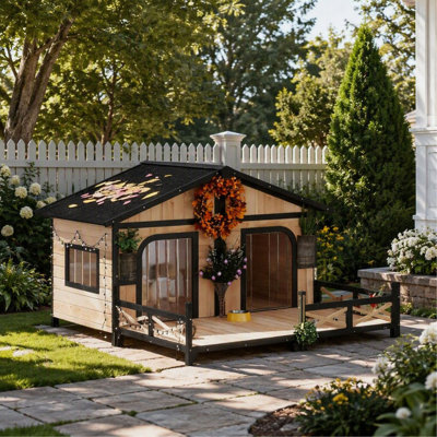 Wooden Dog House with Porch & Double Room – Openable Roof, Removable Bottom & Elevated Floor