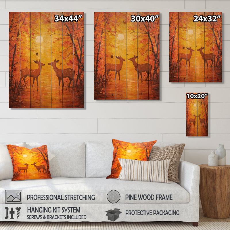 Deer Kisses At Sunset I - Art mural moderne en bois sur bois de pin naturel, H 32 po x l 24 po