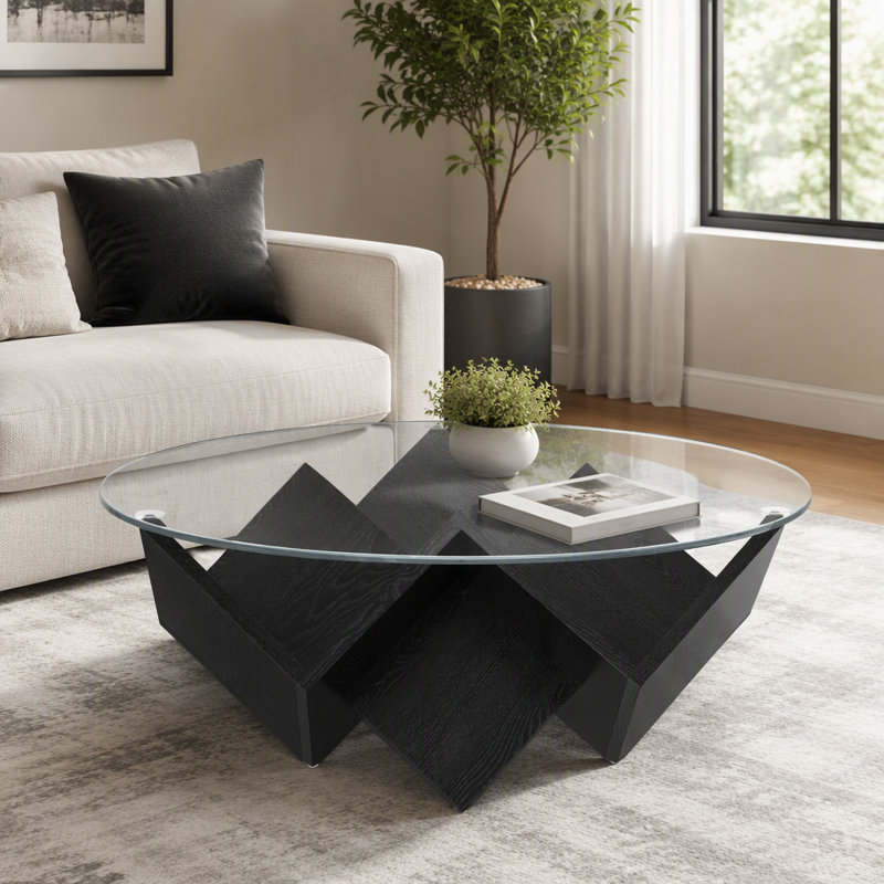 Table basse ronde avec plateau en verre et tablettes de rangement, Black
